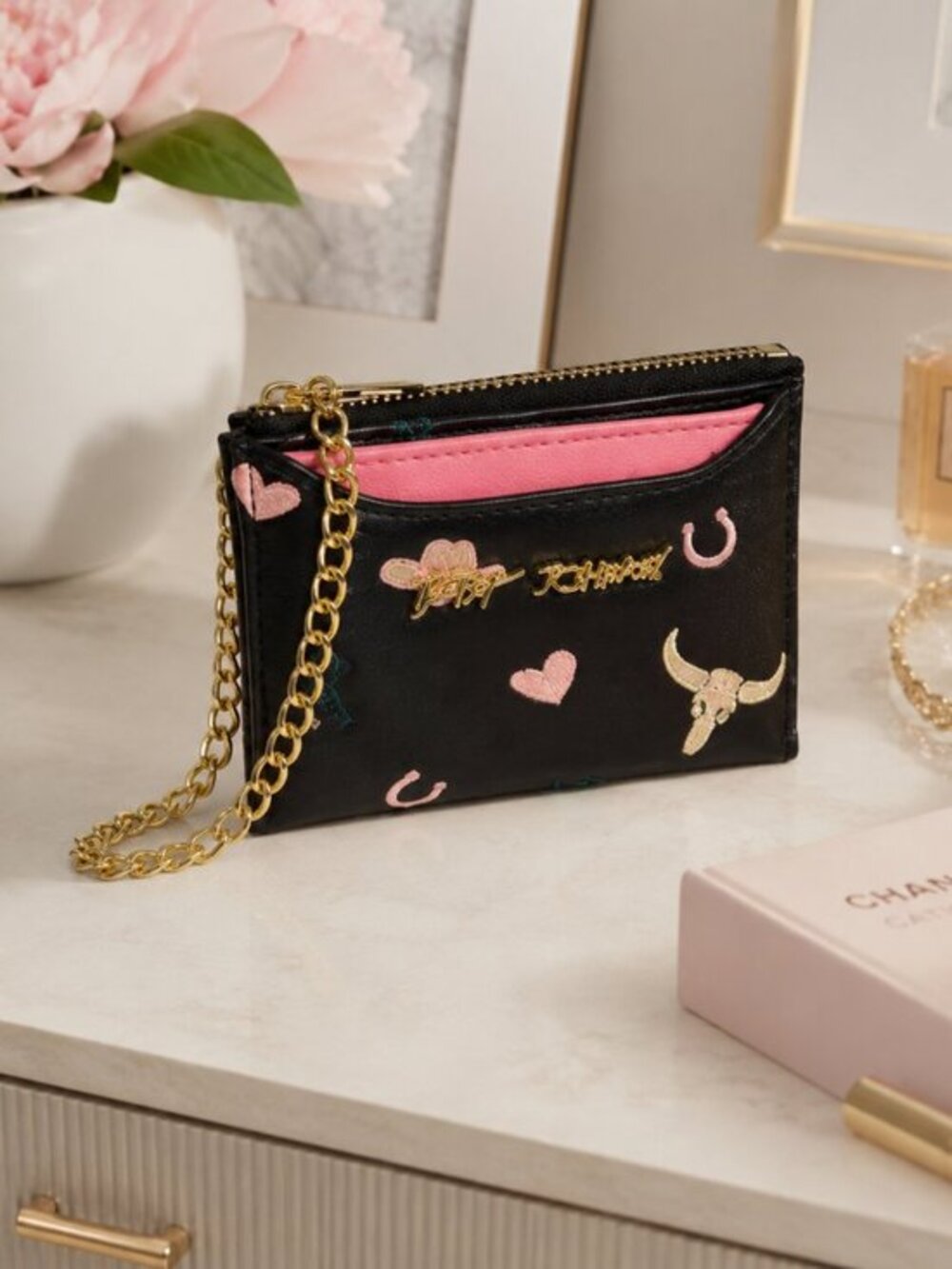 Betsey Johnson Black Zip Wallet Coin Pouch Gold Chain Heart Print NWT